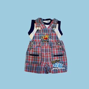 Vintage Winnie the Pooh Seersucker Surfing Overalls, Size 18 Months